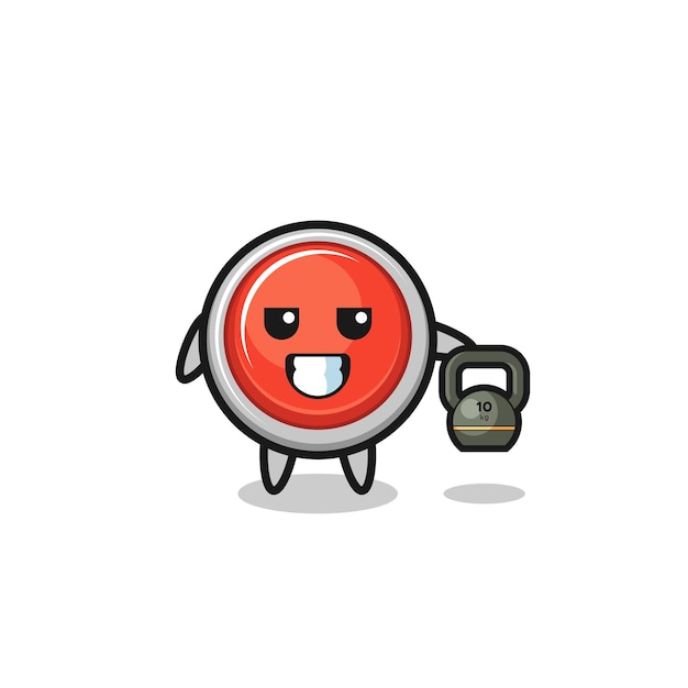 Emergency panic button mascot lifting kettlebell in the gym