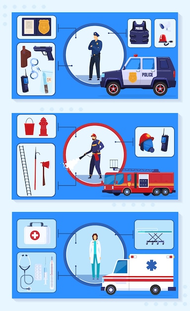 Vector emergency protection service vector illustration. cartoon flat emergency infographic banner collection with rescue people, doctor fireman police characters and medical, protective rescuing equipment