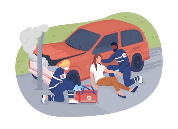 Vector emergency response 2d vector isolated illustration. paramedics helping car accident victim flat characters on cartoon background. licensing ambulance service. provide medical care colourful scene