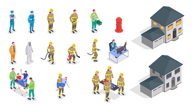 Vector emergency service isometric icons set with house on fire policeman firefighter doctor characters helping injured people 3d isolated vector illustration