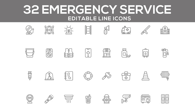 emergency service line icons set editable safety and rescue icons for web and app design