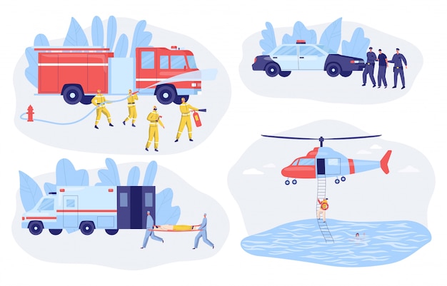 Vector emergency service police, ambulance, firefighters and rescue vector illustration