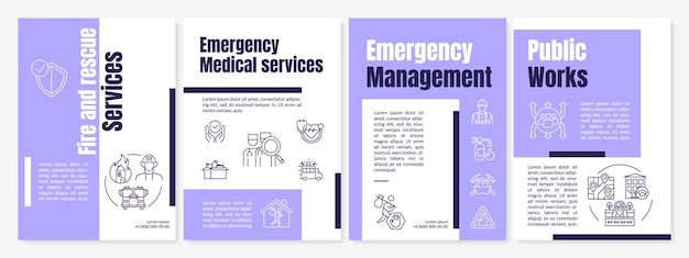 Vector emergency services purple brochure template. rescue from disaster. booklet print design with linear icons. vector layouts for presentation, annual reports, ads. anton-regular, lato-regular fonts used