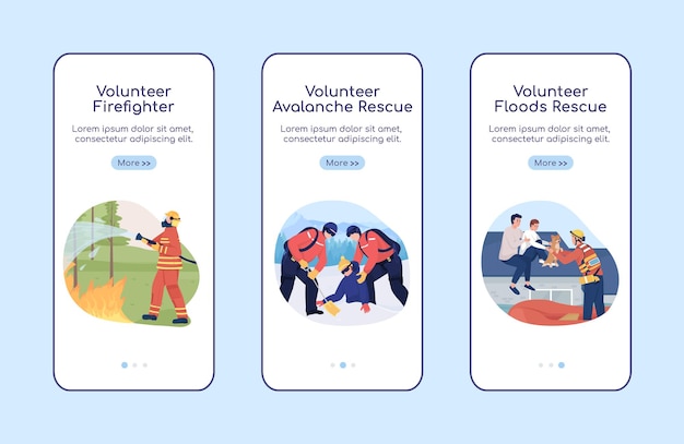 Emergency situation volunteering onboarding mobile app screen flat vector template