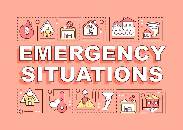 Emergency situations word concepts orange banner. Hazard damage. Infographics with linear icons on background. Isolated typography. Vector outline color illustration with text. Arial-Black font used