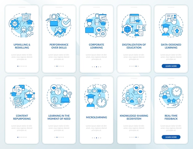 Emerging skills for professionals blue onboarding mobile app screen set