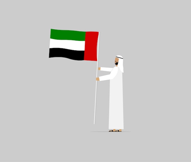 Personaggio emirato che tiene bandiera degli emirati arabi uniti