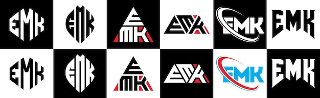 6 つのスタイルの EMK 文字ロゴ デザイン EMK 多角形、円、三角形、六角形のフラットでシンプルなスタイル、黒と白のカラー バリエーションの文字ロゴが 1 つのアートボードに設定 EMK ミニマリストとクラシックなロゴ