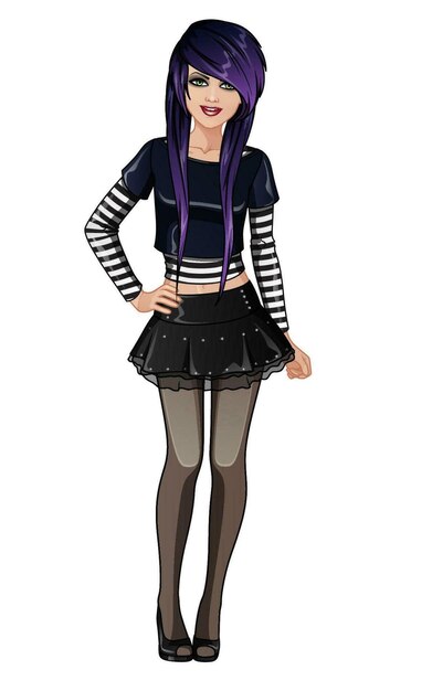 Emo Girl Cute Cartoon Character Avatar with Purple Long Hair and Dark Clothes