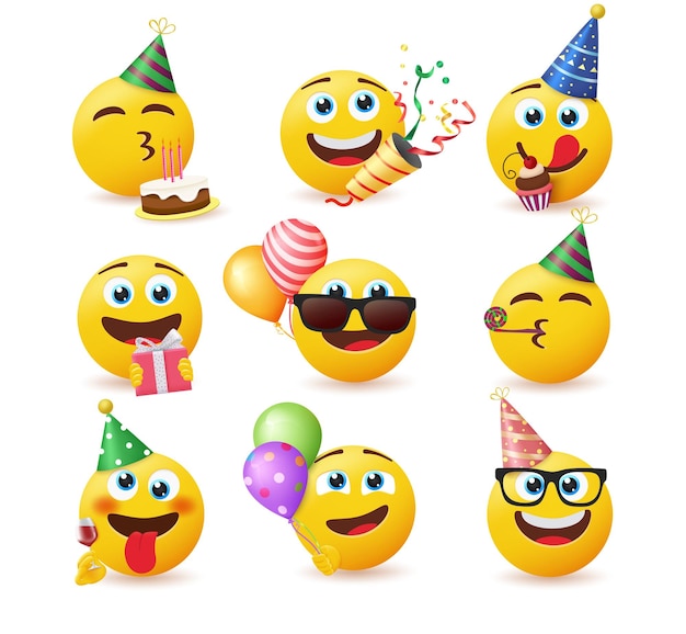 Vector emoji birthday vector set emojis in party celebrating characters with gift cake confetti
