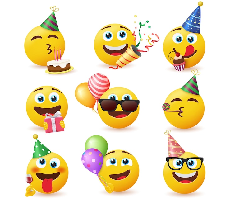 Vector 絵文字誕生日ベクトルは、ギフトケーキ紙吹雪でキャラクターを祝うパーティーで絵文字を設定します