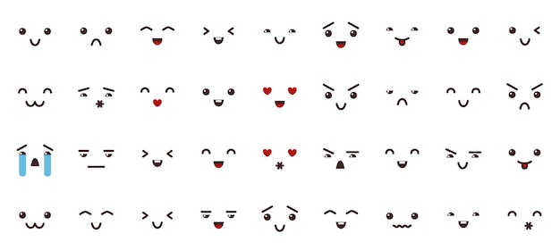 Vettore set di icone della linea nera emoji emoticon contorno isolato faccia icona segno di espressione chat messaggio elemento di design divertente simbolo di emozione facciale allegro sorriso comico stato d'animo persona web pittogramma collezione