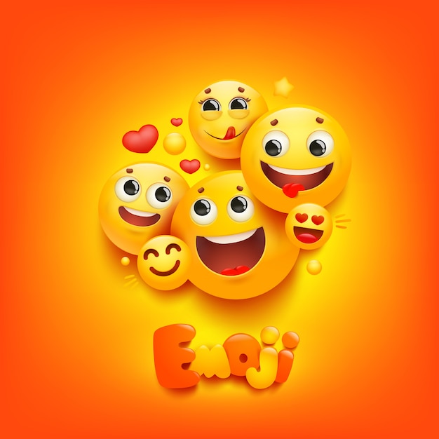 Emoji cartoon group smile character on yellow background. Facial expression.