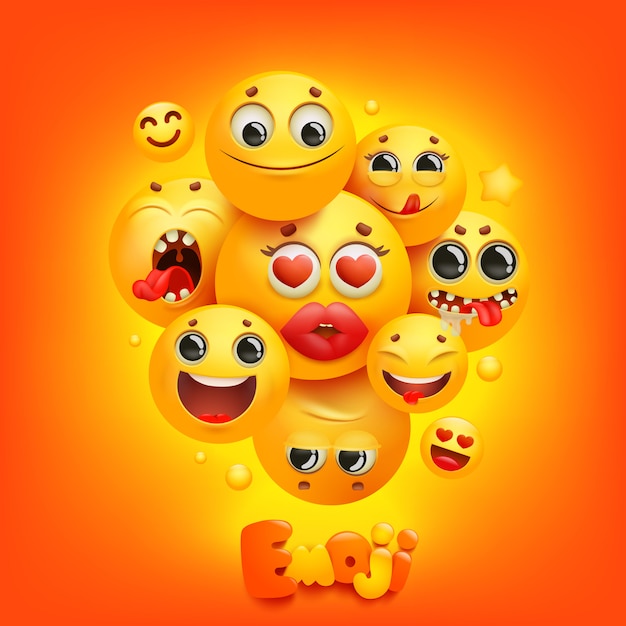 Carattere di sorriso del gruppo del fumetto di emoji su fondo giallo. espressione facciale.