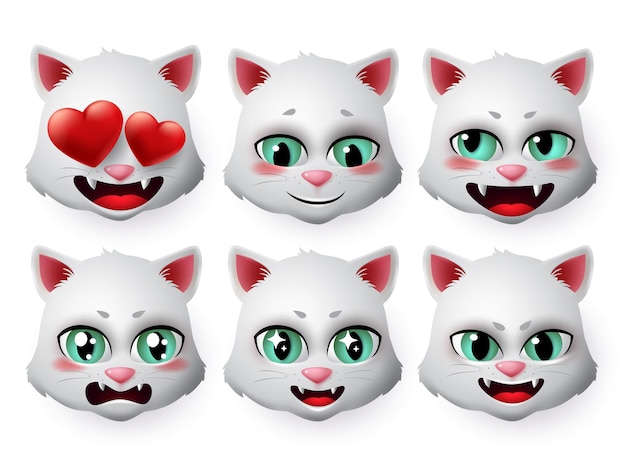 Emoji cat vector set gatti gattino faccia emoji e icona nelle emozioni di timido e innamorato