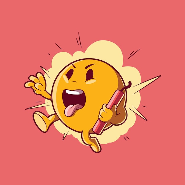 Emoji character running from explosion vector illustration communication funny design concept