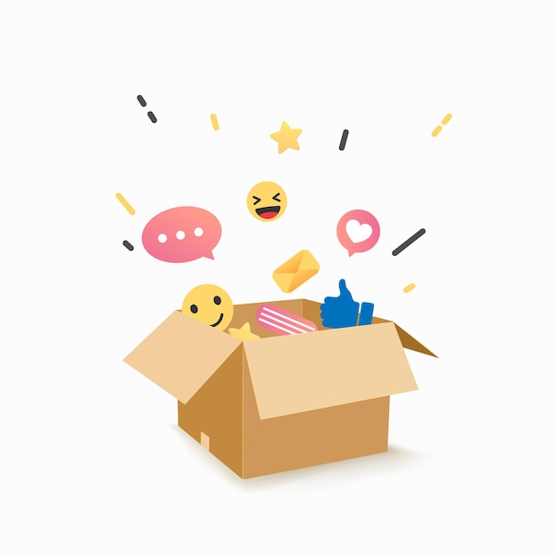 Emoji character with different social network symbols in the box.