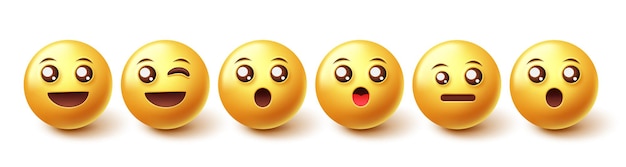 Набор векторных символов Emoji. Изолированные смайлики 3d с счастливой лицевой эмоцией и выражением.