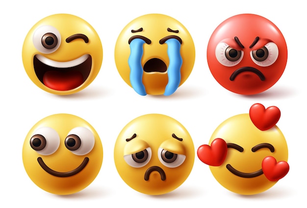 Emoji characters vector set Emojis character like happy crying angry and in love facial
