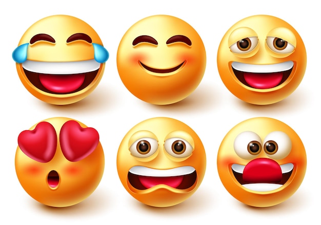 Vettore emoji caratteri set vettoriale emoticon 3d icona con ridente sorridente divertente e sconvolto umore facciale