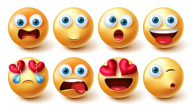 Вектор Набор векторных символов emoji. смайлики с милыми, забавными и счастливыми выражениями лица.