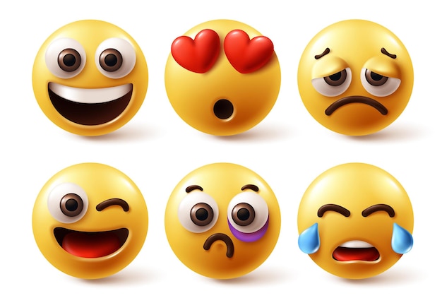 Vector emoji characters vector set emoticon happy in love sad and crying round yellow icon collection