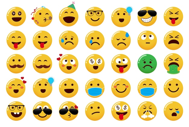 Emoji collectie vector set Emoticons schattige karakters met party coole gekke en gelukkige emoji's