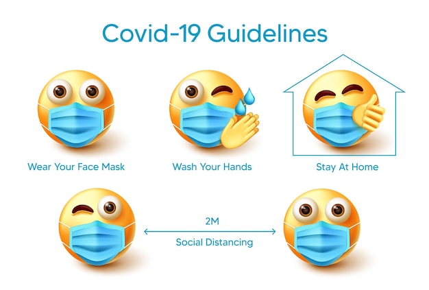 Emoji covid-19 руководящие принципы векторного дизайна. текст руководящих принципов covid-19 с 3d-персонажами смайликов.