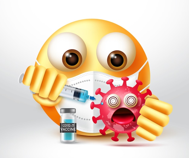 Emoji covid-19 vaccin vector ontwerp. Emoticons 3d karakter dodend virus door vaccin te injecteren.