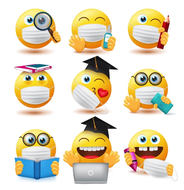 Vettore emoji covid19 set di vettori per studenti personaggi degli studenti emoji che indossano la maschera facciale e tengono in mano