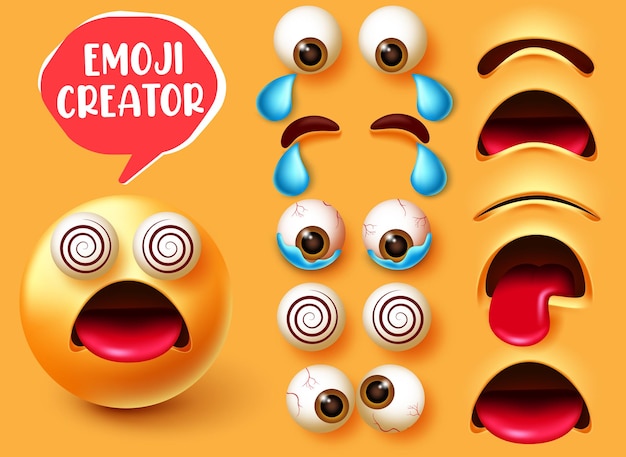 Progettazione stabilita di vettore del creatore di emoji. emoticon carattere 3d nell'espressione facciale vertiginosa.