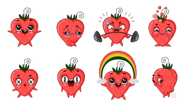Emoji cute red strawberry cheerful and sad Vector cute illustration