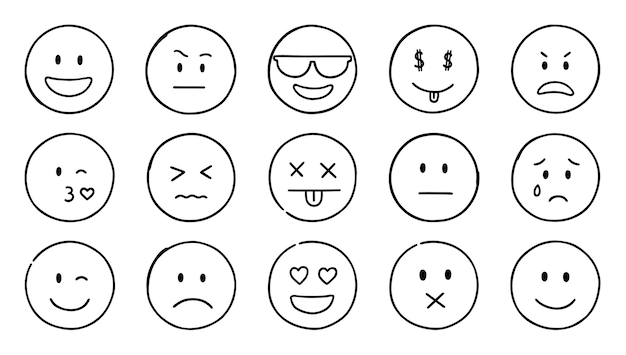 Vettore icone emoji doodle set di volti sorridenti tristi felici emoticon divertenti in stile schizzo