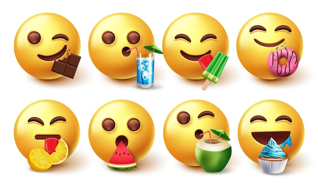 Emoji che mangiano personaggi vettore set emoji 3d mangiano e bevono cibi come frutta e dessert