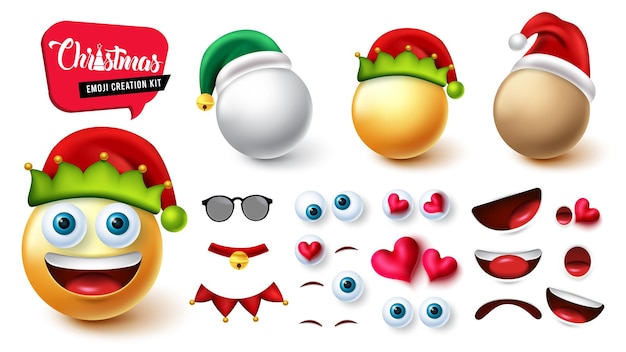 Emoji elf creator kit vector set Emojis christmas 3d face creation of elf snowman and santa