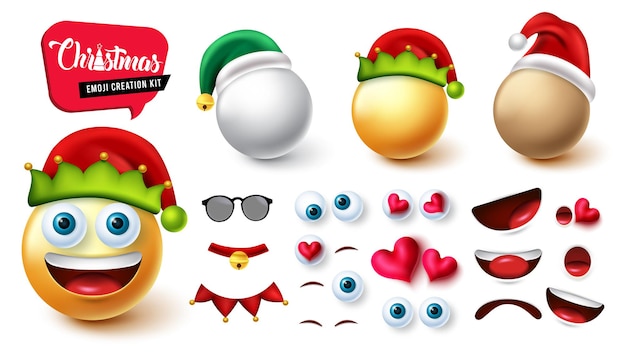 Emoji elf Creator Kit векторный набор Emojis Christmas 3D Face Создание эльфа, снеговика и санта-клауса