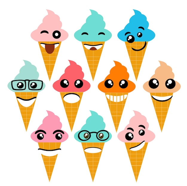 Vector emoji emoticon expressie iconen in stijl ijsje gezicht symbolen graphics