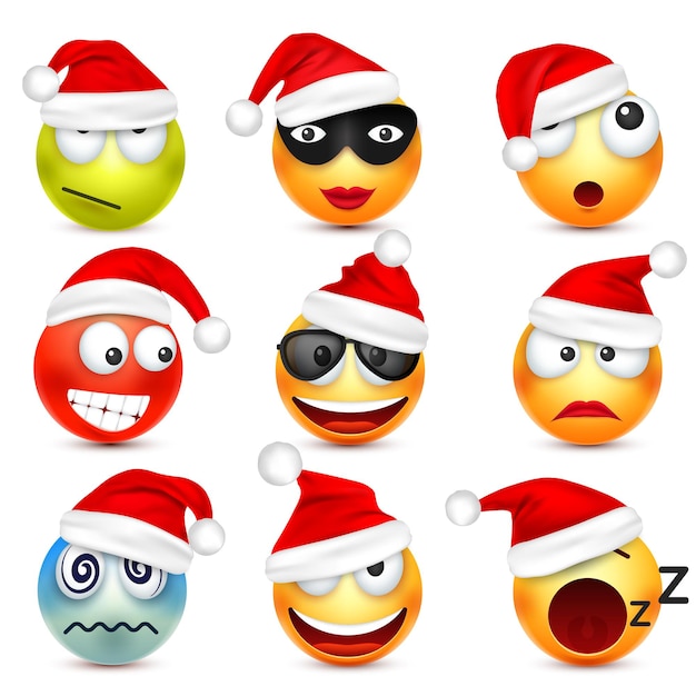 Emoji emoticon set face with emotions and christmas hat new year santa winter emoji sad happy angry