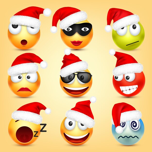 Vettore emoji emoticon volto con emozioni e cappello di natale nuovo anno babbo natale inverno emoji triste felice arrabbiato