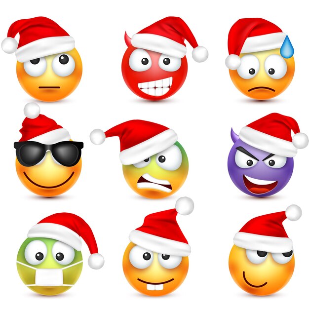 Vector emoji emoticon set geel gezicht met emoties en kersthoed nieuwjaar kerstman winter emoji verdrietig gelukkig