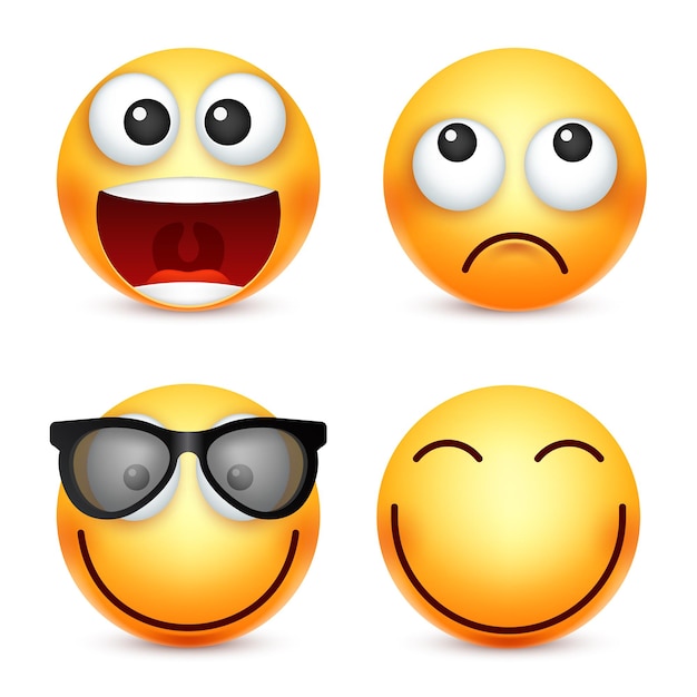 Vector emoji emoticon set geel gezicht met emoties stemming gezichtsuitdrukking realistische emoji verdrietig gelukkig boos