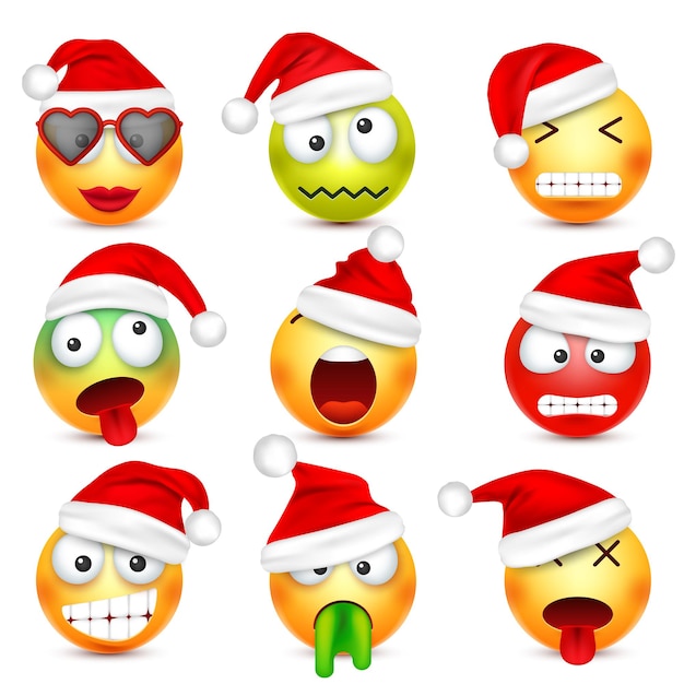 Emoji emoticon set faccia gialla con emozioni e cappello di natale nuovo anno babbo natale inverno emoji triste felice