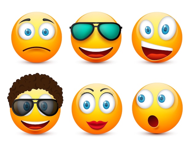 Vettore emoji emoticon set faccia gialla con emozioni umore espressione facciale realistica emoji triste felice arrabbiato