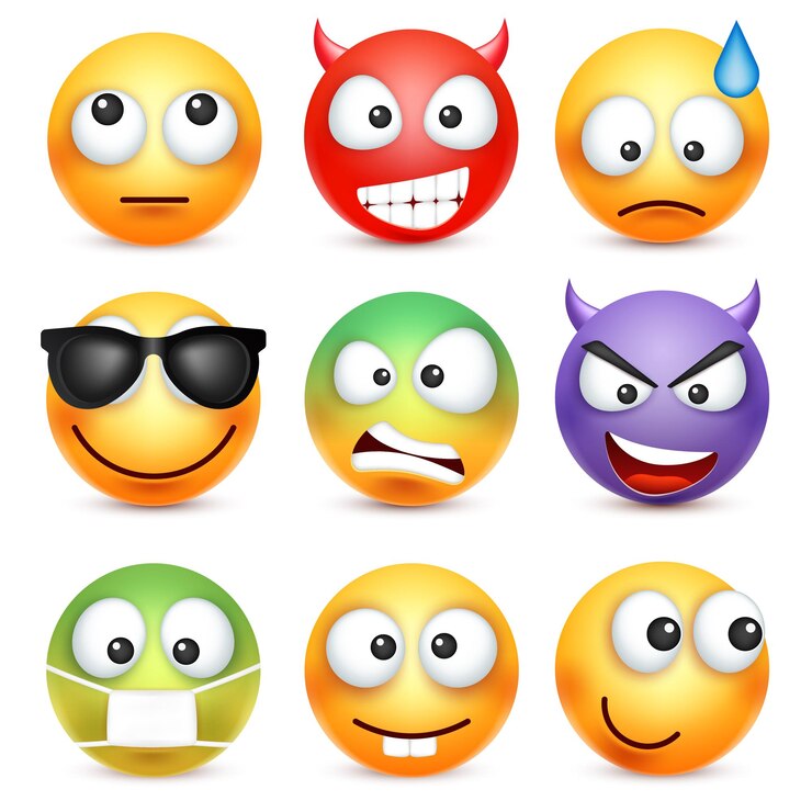Vector emoji emoticon set yellow face with emotions mood facial expression realistic emoji sad happy angry