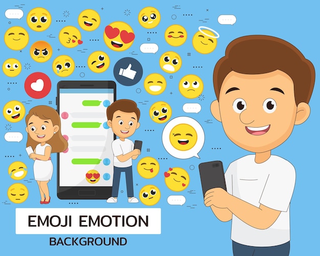 Illustrazione di emozione emoji con uomo e donna che tengono cellulare e set di emoticon