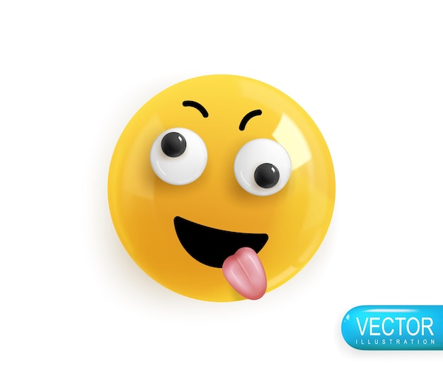 Vettore emoji faccia stordita dalla felicità design 3d realistico emoticon colore giallo lucido icona in plastica stile cartoon isolato su sfondo bianco illustrazione vettoriale