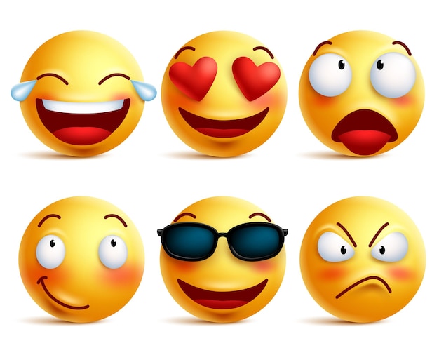 Emoji face icons or yellow emoticons with emotional funny faces in glossy 3D realistic