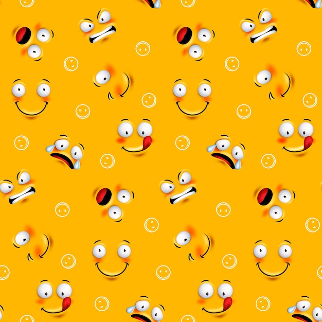 Emoji face seamless pattern with funny facial expressions in continuous orange background