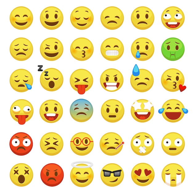 Emoji лицо установлено. Персонаж лица желтый знак сообщение люди человек эмоция чувства чат мультфильм иконки