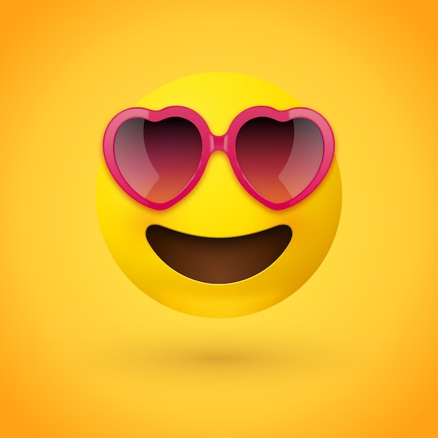 Vector emoji face with heart shaped pink sunglasses